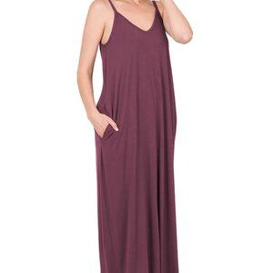 ZENANA Women's V Neck Cami Midi Dress Adjustable Spaghetti Strap Pockets Plus